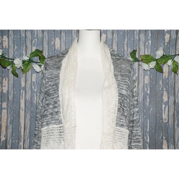 Energe World Wear Ladies Gray White Cardigan Sweater SZ L Open Front Lace LS - Picture 2 of 12